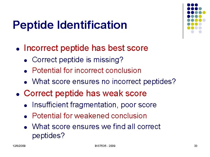 Peptide Identification l Incorrect peptide has best score l l Correct peptide is missing?