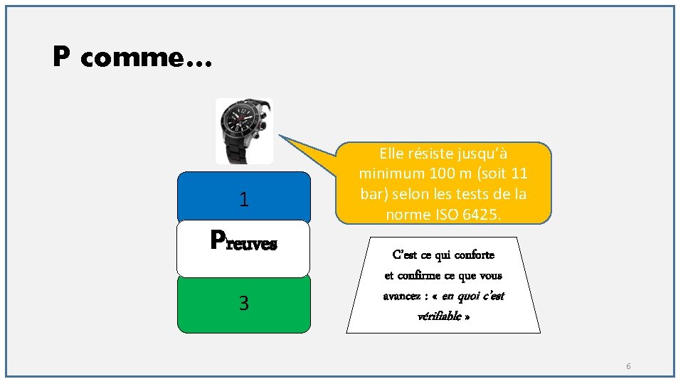 P comme… 1 Preuves 3 Elle résiste jusqu’à minimum 100 m (soit 11 bar)