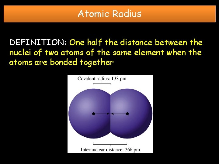 Atomic Radius DEFINITION: One half the distance between the nuclei of two atoms of