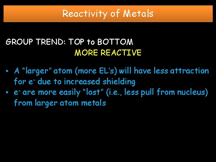 Reactivity of Metals GROUP TREND: TOP to BOTTOM MORE REACTIVE • A “larger” atom