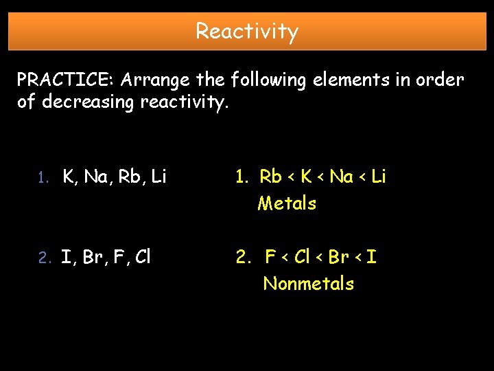 Reactivity PRACTICE: Arrange the following elements in order of decreasing reactivity. 1. K, Na,