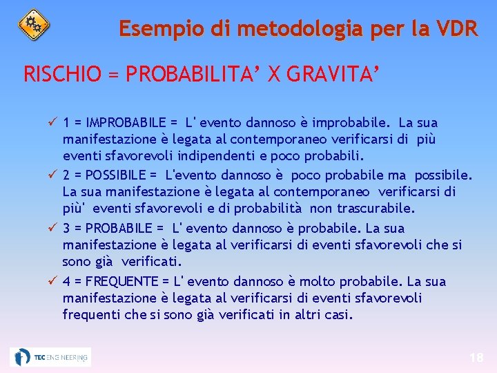 Esempio di metodologia per la VDR RISCHIO = PROBABILITA’ X GRAVITA’ 1 = IMPROBABILE