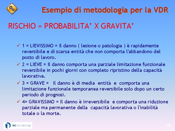 Esempio di metodologia per la VDR RISCHIO = PROBABILITA’ X GRAVITA’ 1 = LIEVISSIMO