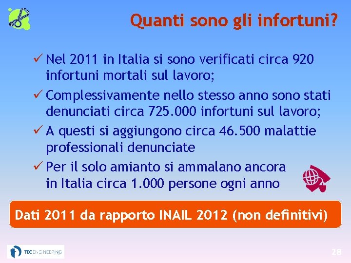 Quanti sono gli infortuni? Nel 2011 in Italia si sono verificati circa 920 infortuni