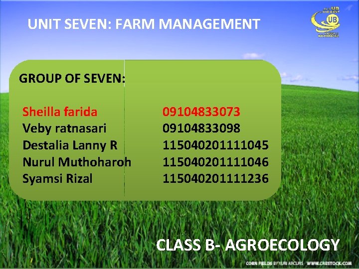 UNIT SEVEN: FARM MANAGEMENT GROUP OF SEVEN: Sheilla farida Veby ratnasari Destalia Lanny R