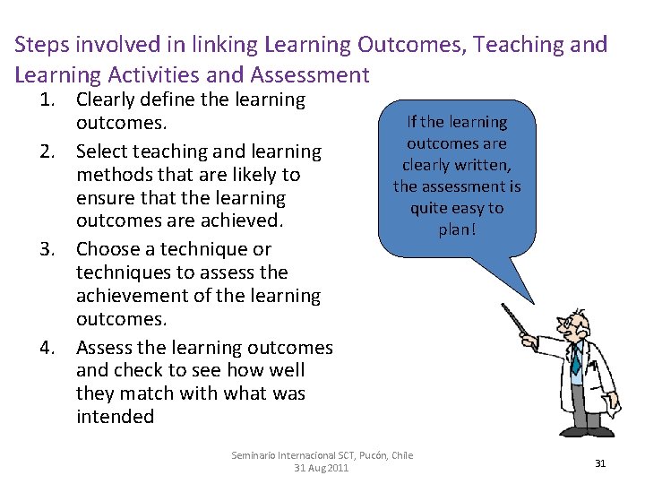 Steps involved in linking Learning Outcomes, Teaching and Learning Activities and Assessment 1. Clearly