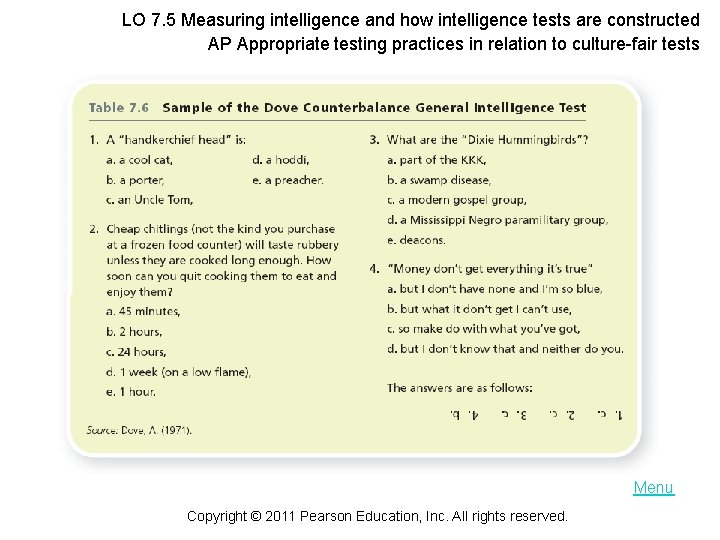 LO 7. 5 Measuring intelligence and how intelligence tests are constructed AP Appropriate testing