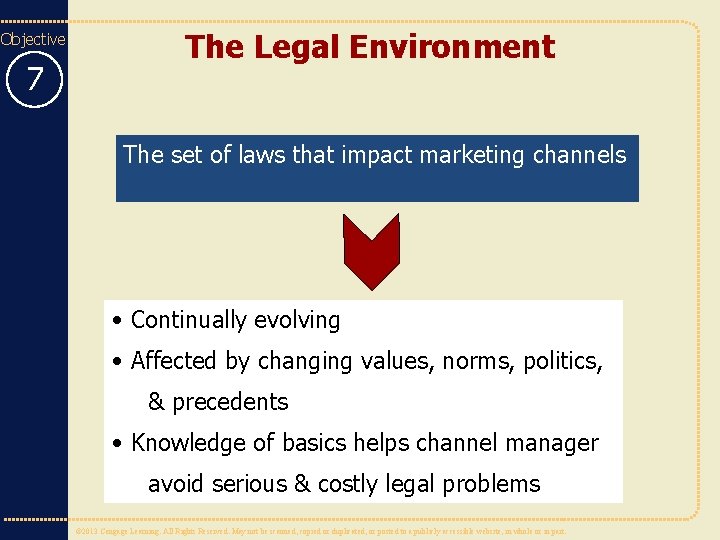 Objective 7 The Legal Environment The set of laws that impact marketing channels •