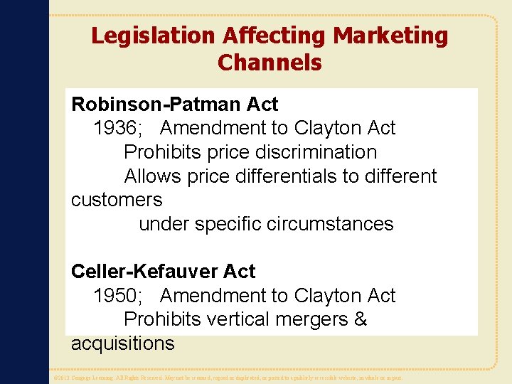 Legislation Affecting Marketing Channels Robinson-Patman Act 1936; Amendment to Clayton Act Prohibits price discrimination