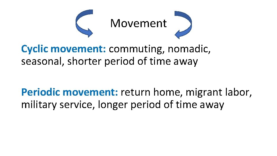 Movement Cyclic movement: commuting, nomadic, seasonal, shorter period of time away Periodic movement: return