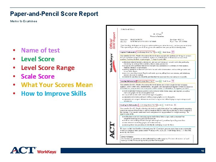 Paper-and-Pencil Score Report Memo to Examinee • • • Name of test Level Score