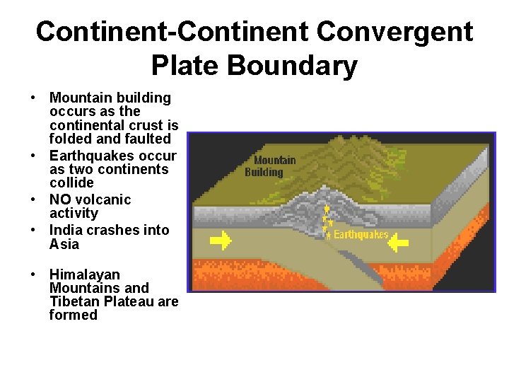 Continent-Continent Convergent Plate Boundary • Mountain building occurs as the continental crust is folded