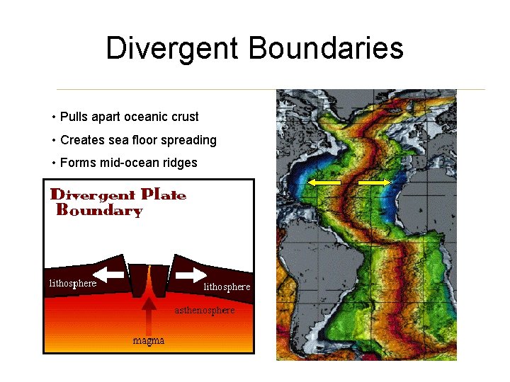 Divergent Boundaries • Pulls apart oceanic crust • Creates sea floor spreading • Forms