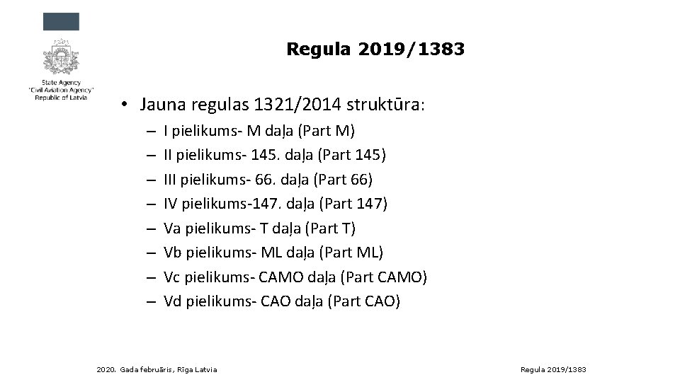 Regula 2019/1383 • Jauna regulas 1321/2014 struktūra: – – – – I pielikums- M