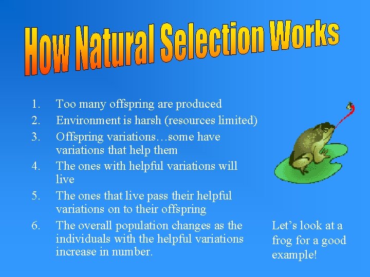 1. 2. 3. 4. 5. 6. Too many offspring are produced Environment is harsh