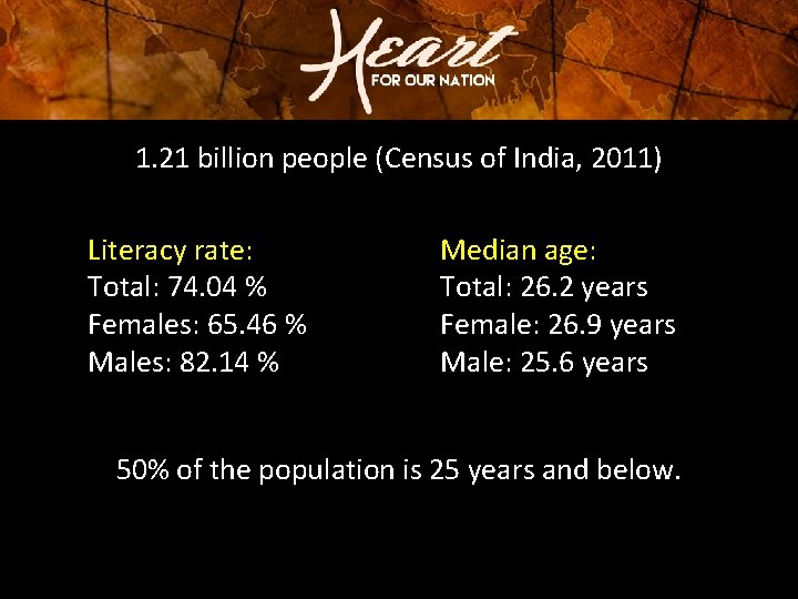1. 21 billion people (Census of India, 2011) Literacy rate: Total: 74. 04 % 1. 21 billion people (Census of India, 2011) Literacy rate: Total: 74. 04 %