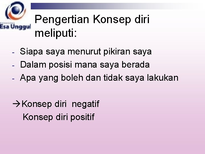 Pengertian Konsep diri meliputi: - Siapa saya menurut pikiran saya Dalam posisi mana saya