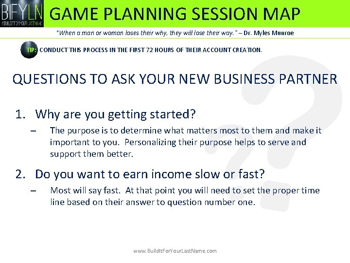 GAME PLANNING SESSION MAP “When a man or woman loses their why, they will