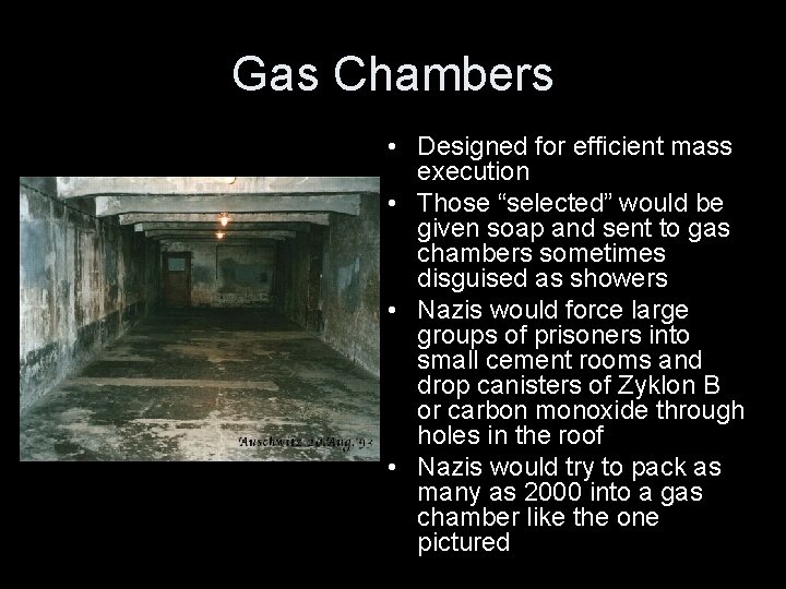 Gas Chambers • Designed for efficient mass execution • Those “selected” would be given