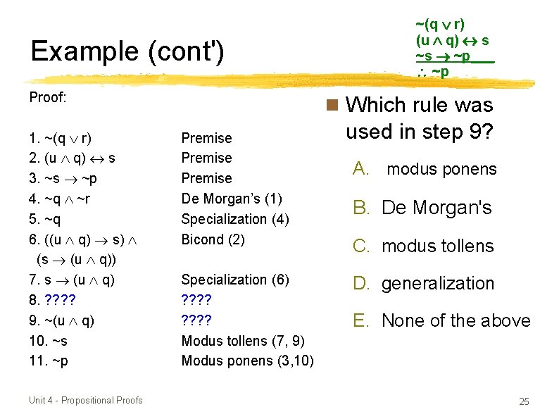 Example (cont') Proof: 1. ~(q r) 2. (u q) s 3. ~s ~p 4.