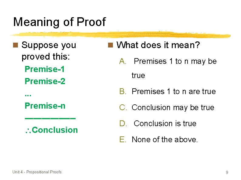 Meaning of Proof Suppose you proved this: Premise-1 Premise-2. . . Premise-n --------- Conclusion