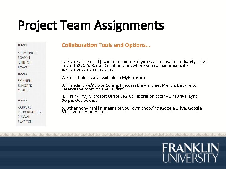 Project Team Assignments Collaboration Tools and Options… 1. Discussion Board (I would recommend you