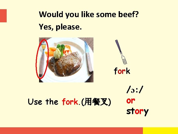 Would you like some beef? Yes, please. fork Use the fork. (用餐叉) /ɔ: /