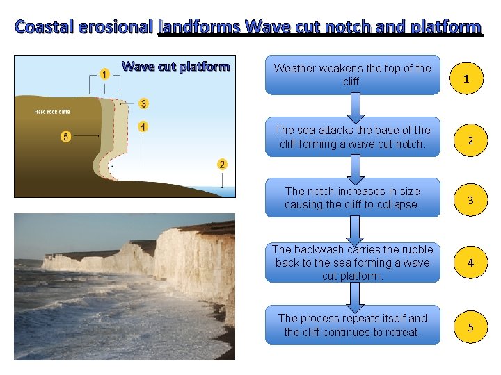 Coastal erosional landforms Wave cut notch and platform Wave cut platform Weather weakens the