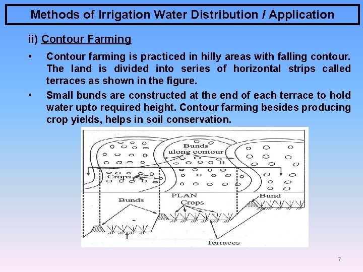 Methods of Irrigation Water Distribution / Application ii) Contour Farming • • Contour farming