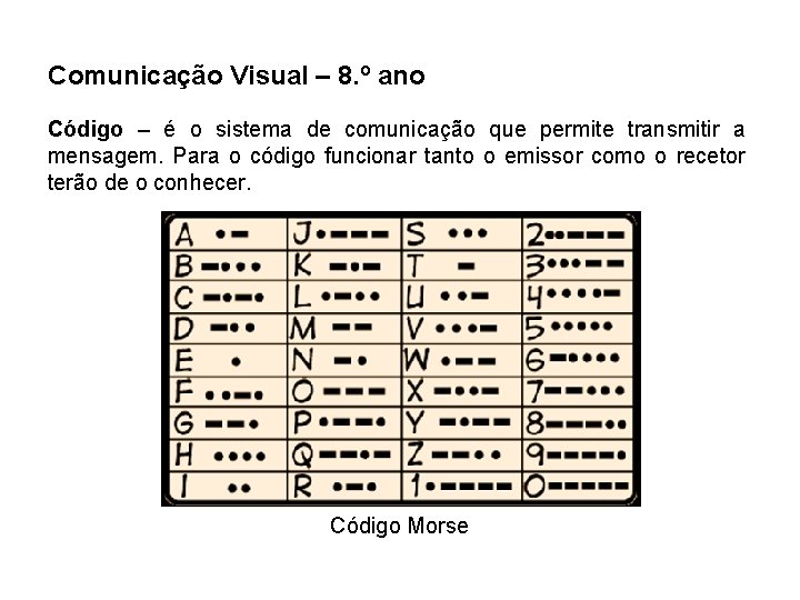 Comunicação Visual – 8. º ano Código – é o sistema de comunicação que