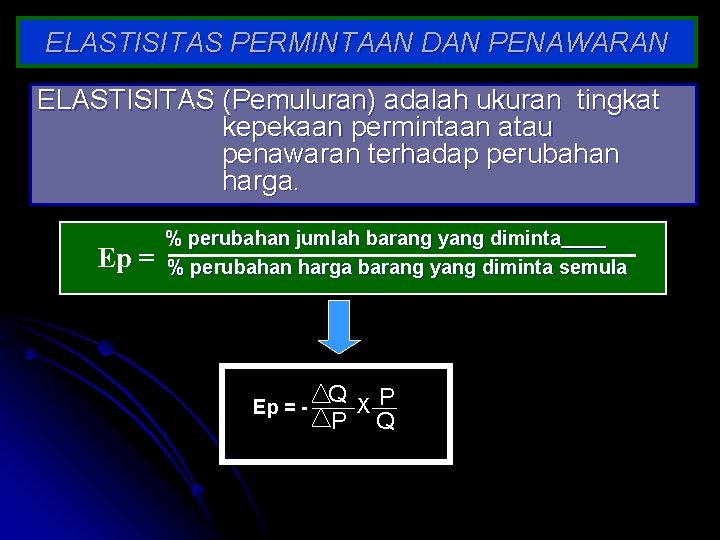 ELASTISITAS PERMINTAAN DAN PENAWARAN ELASTISITAS (Pemuluran) adalah ukuran tingkat kepekaan permintaan atau penawaran terhadap