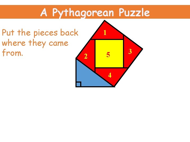 A Pythagorean Puzzle Put the pieces back where they came from. 2 1 5