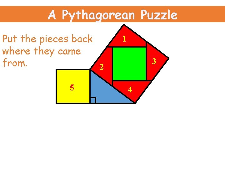 A Pythagorean Puzzle Put the pieces back where they came from. 2 5 1