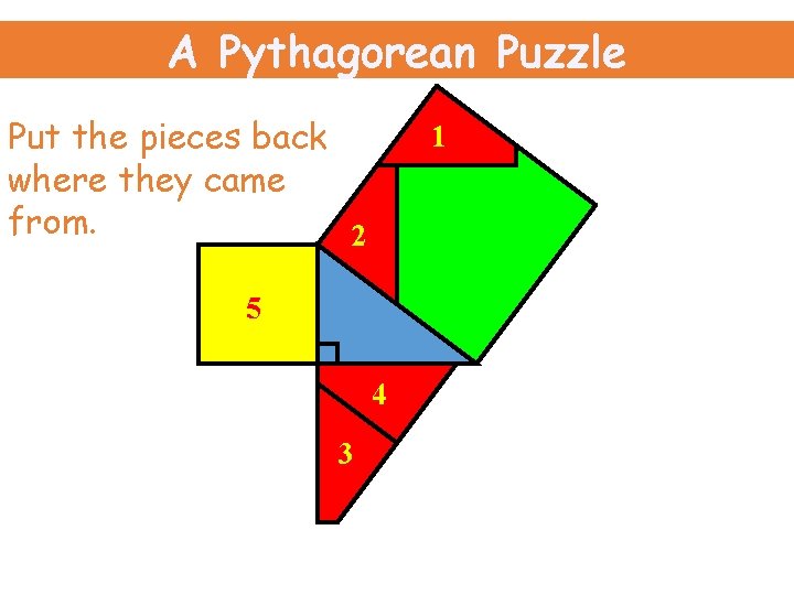 A Pythagorean Puzzle Put the pieces back where they came from. 2 1 5