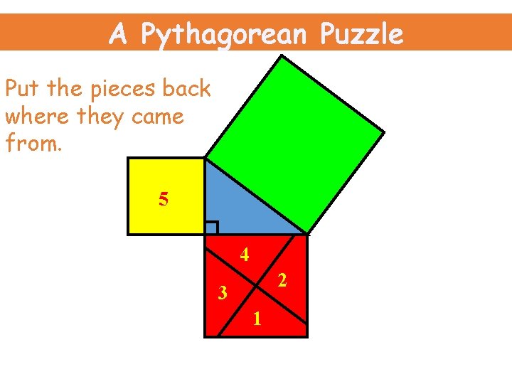 A Pythagorean Puzzle Put the pieces back where they came from. 5 4 2