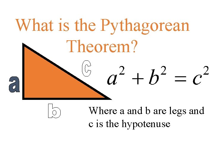 What is the Pythagorean Theorem? Where a and b are legs and c is