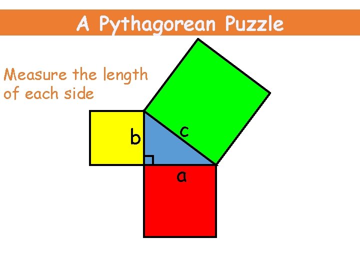 A Pythagorean Puzzle Measure the length of each side b c a 