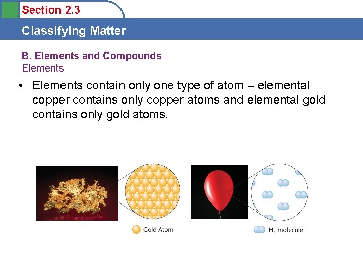 Section 2. 3 Classifying Matter B. Elements and Compounds Elements • Elements contain only