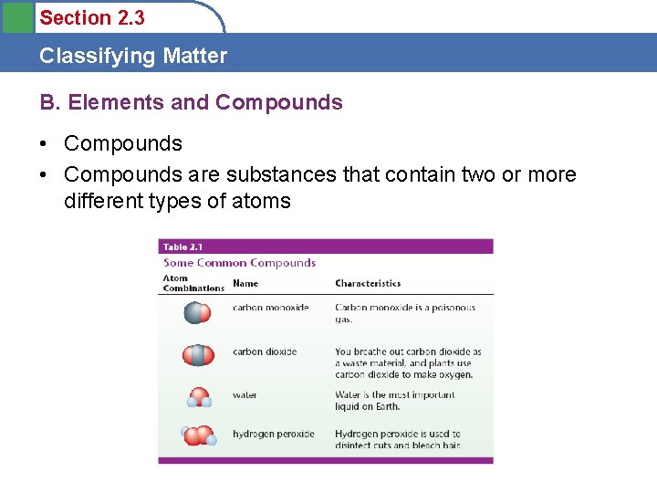 Section 2. 3 Classifying Matter B. Elements and Compounds • Compounds are substances that