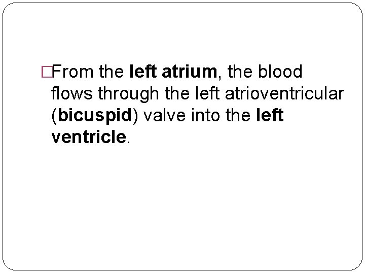 �From the left atrium, the blood flows through the left atrioventricular (bicuspid) valve into