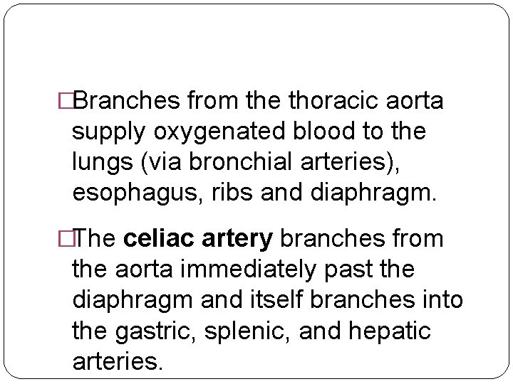 �Branches from the thoracic aorta supply oxygenated blood to the lungs (via bronchial arteries),