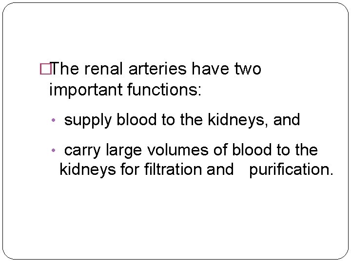 �The renal arteries have two important functions: • supply blood to the kidneys, and