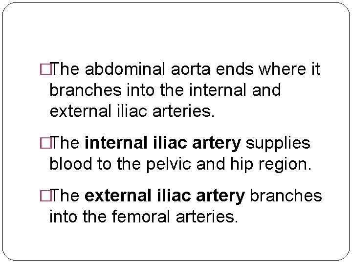 �The abdominal aorta ends where it branches into the internal and external iliac arteries.