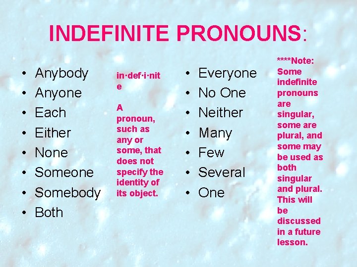 INDEFINITE PRONOUNS: • • Anybody Anyone Each Either None Somebody Both in·def·i·nit e A INDEFINITE PRONOUNS: • • Anybody Anyone Each Either None Somebody Both in·def·i·nit e A