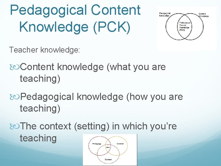 Pedagogical Content Knowledge (PCK) Teacher knowledge: Content knowledge (what you are teaching) Pedagogical knowledge