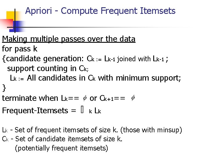 Apriori - Compute Frequent Itemsets Making multiple passes over the data for pass k