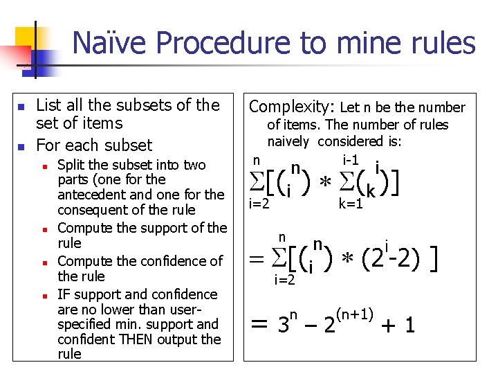 Naïve Procedure to mine rules n n List all the subsets of the set