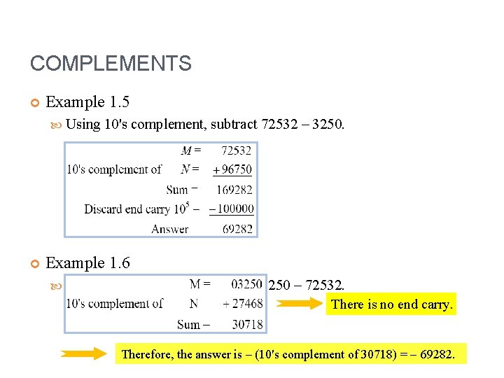 COMPLEMENTS Example 1. 5 Using 10's complement, subtract 72532 – 3250. Example 1. 6