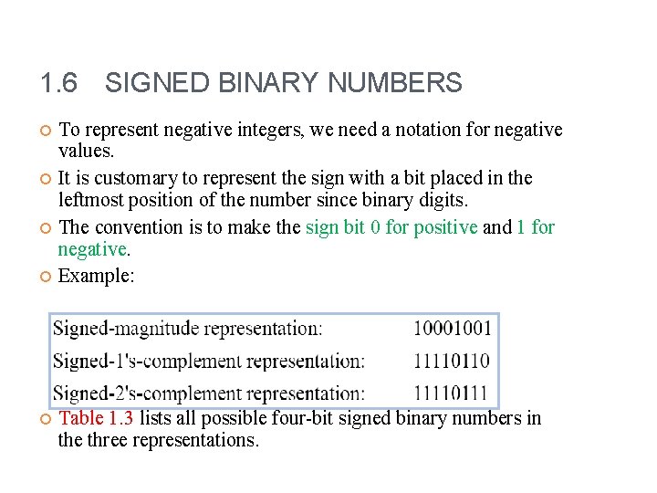 1. 6 SIGNED BINARY NUMBERS To represent negative integers, we need a notation for