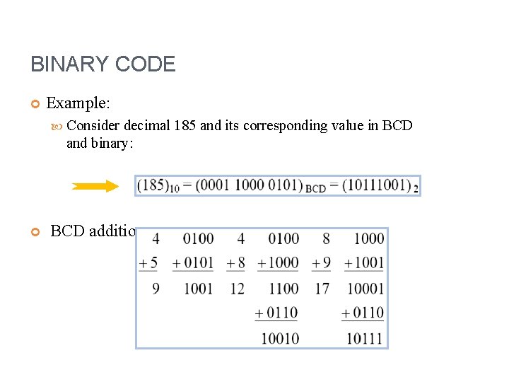 BINARY CODE Example: Consider decimal 185 and its corresponding value in BCD and binary: